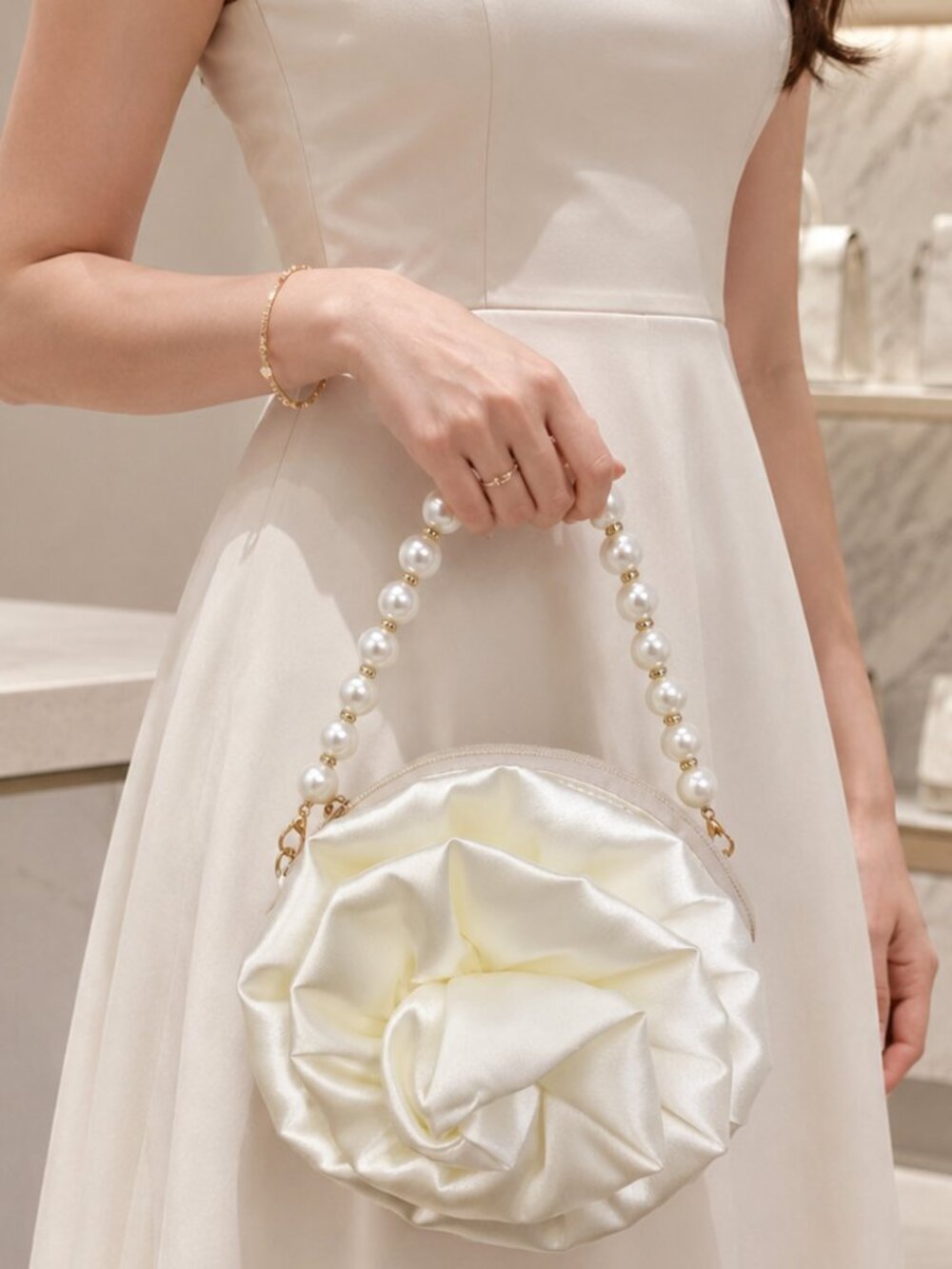 Ivory Satin Rose Pearl Handle Evening Bag – Removable Handle Strap Purse